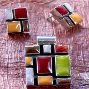 TAXCO STERLING SILVER MULTINLAY MOSAIC PENDANT EARRING SET MEXICAN 925